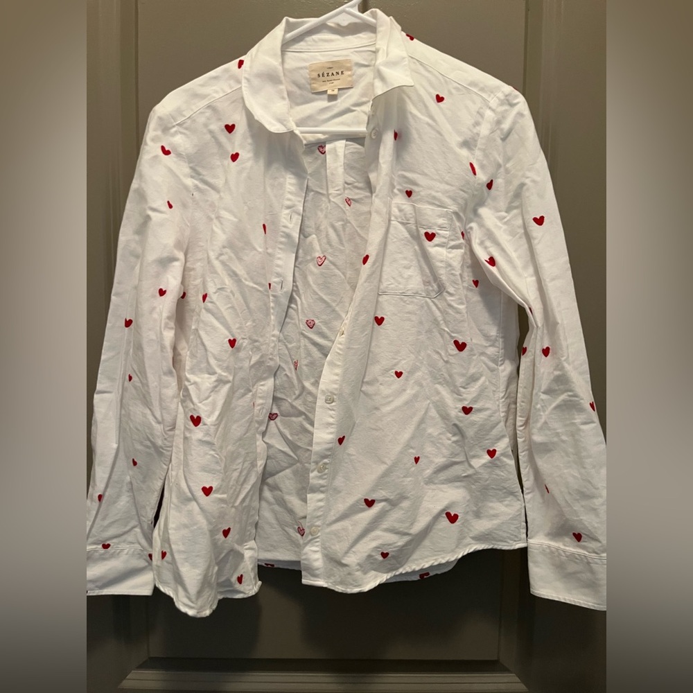 Sezane White Button Down Shirt with Red Heart Pattern
